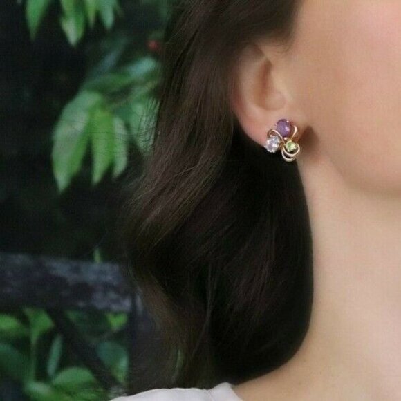 14k Yellow Gold Natural Amethyst, Topaz and Peridot Earrings Stud Post Earrings - Picture 2 of 8